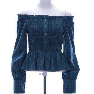 Petersyn Teal Plaid Off-Shoulder Blouse